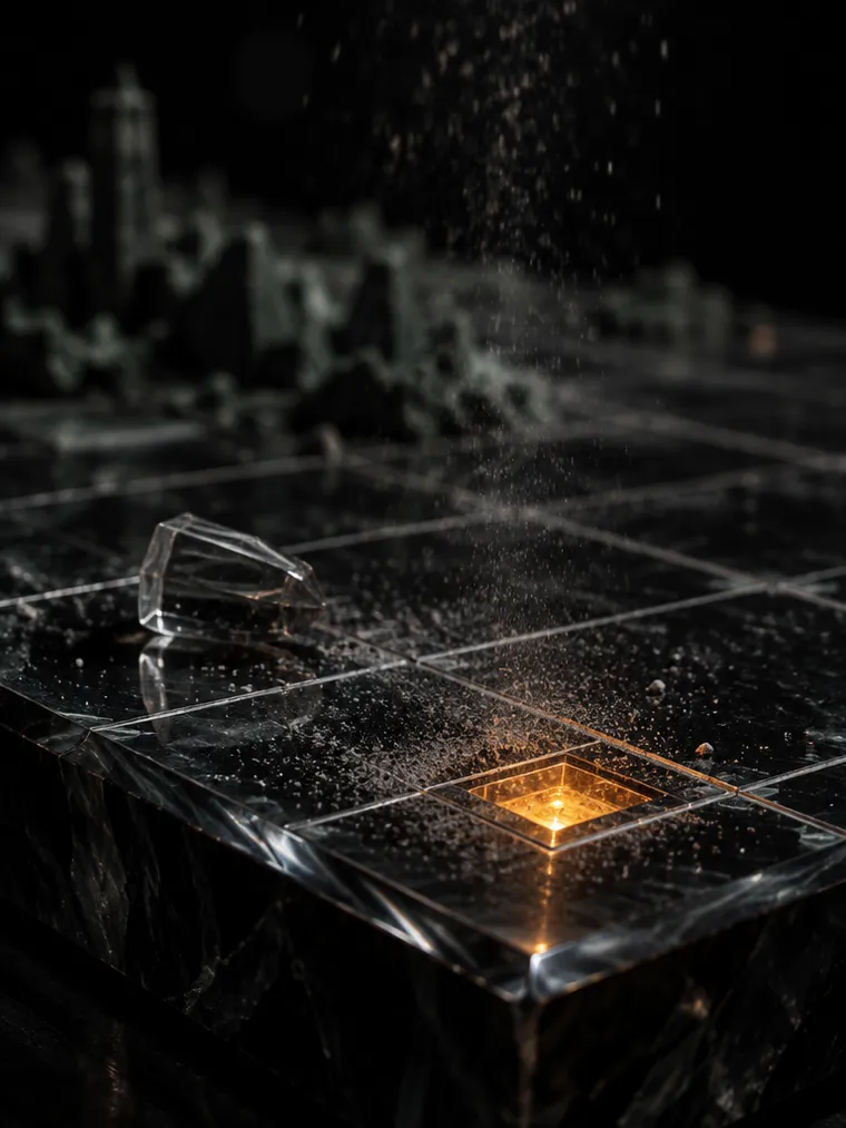 The edge of the glass table at night: one amber lamp lit in its square, grey ash falling through the light, a glass crew piece tipped on its side.