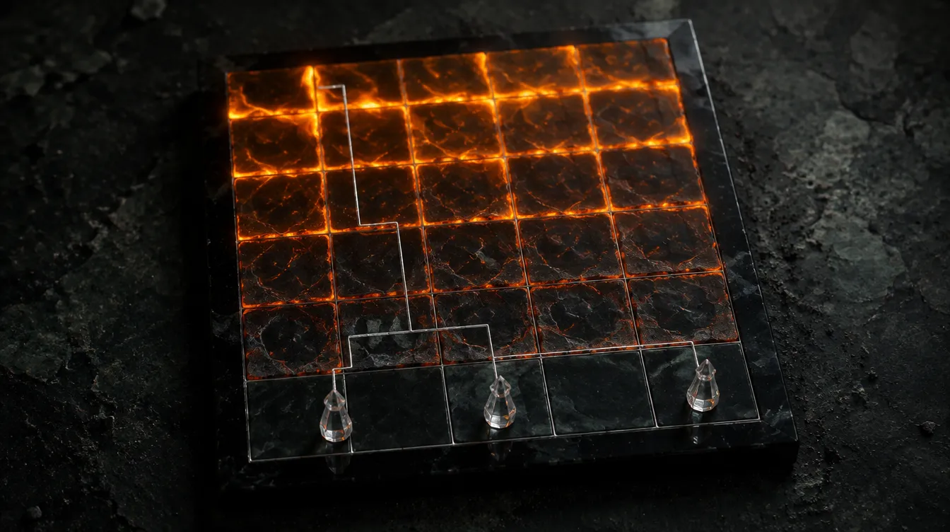The glass board after the run: amber fills the top rows, and a thin silver line traces the path the crews took to the lanes at the bottom.