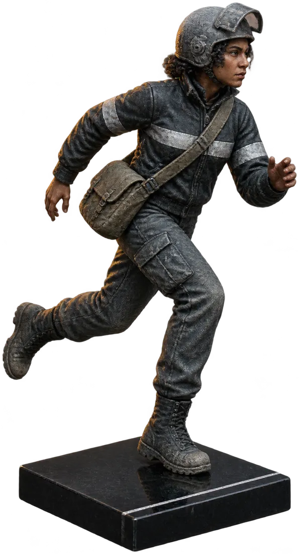 Juno Weld as a painted figurine, a young courier in a helmet and reflective jacket, running mid-stride with a message satchel.