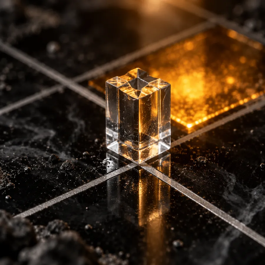 Macro view of one clear glass crew piece on a silver grid crossing, the square behind it already glowing amber.