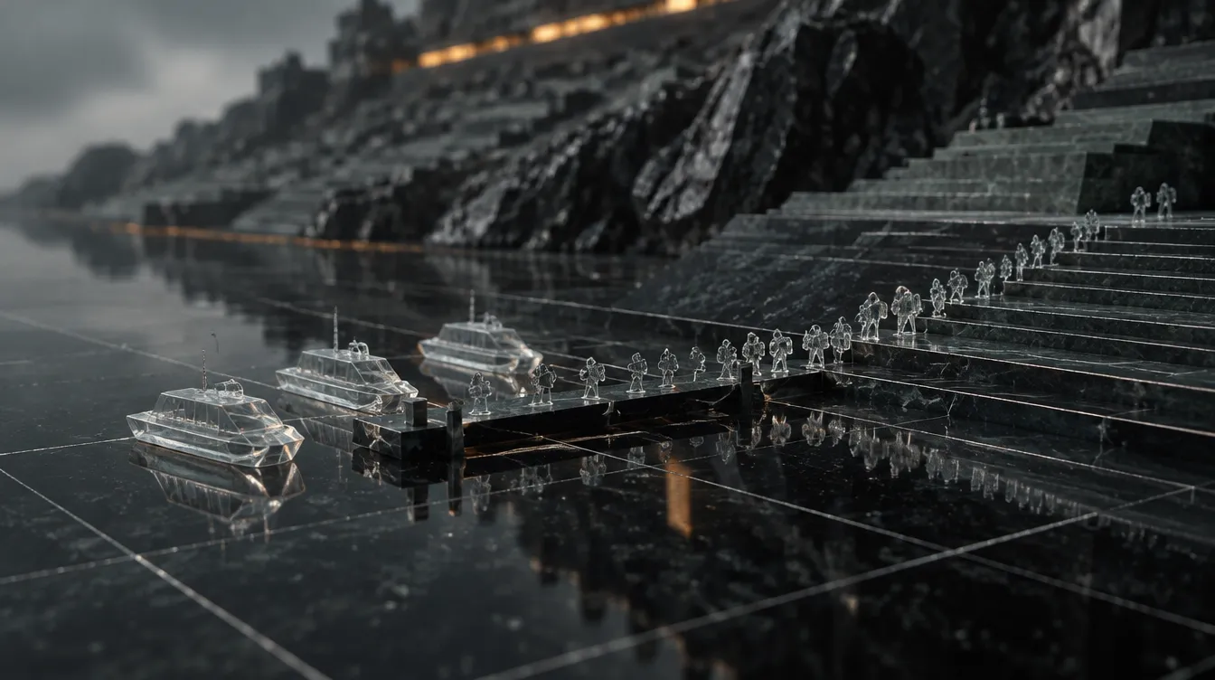 The harbour sector at the foot of the table: long glass steps down to a polished black glass sea, three small glass ferries and a queue of crew pieces along the stair.