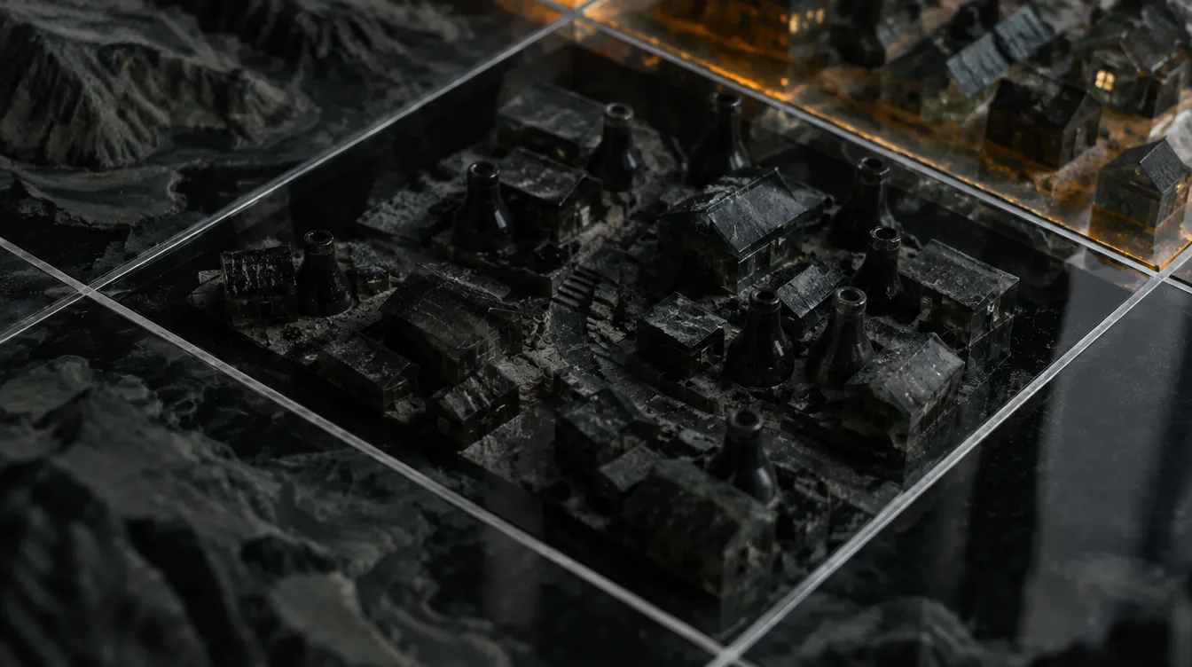 Close view of the Low Kiln sector on the glass table: squat smoked glass houses and chimneys packed along narrow lanes, sitting in a dark square with no piece and no light.