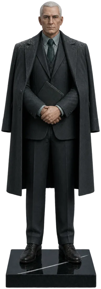Director Silas Orme as a painted figurine: tall, square shouldered, white hair, thin glasses, dark suit and overcoat, a closed folder held in both hands.