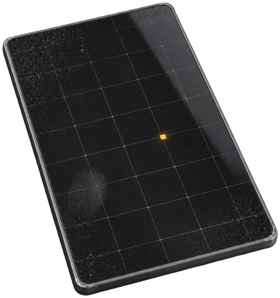 Tove's protocol tablet, a black glass slab showing the same silver grid with one amber square.
