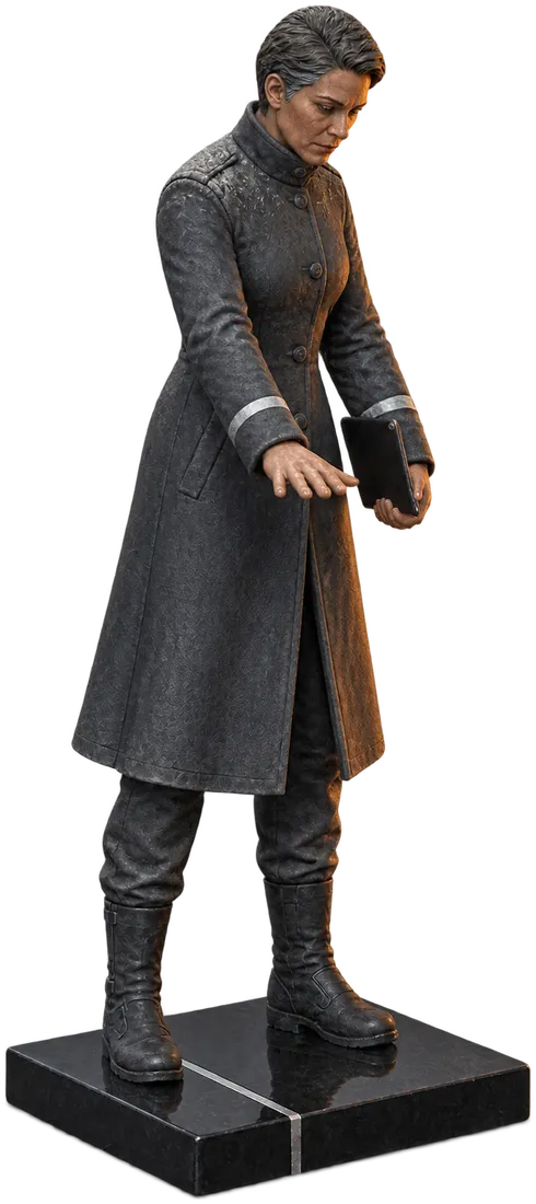 Tove Raan as a figurine, head lowered, one hand reaching down to the table, the tablet held low in the other.