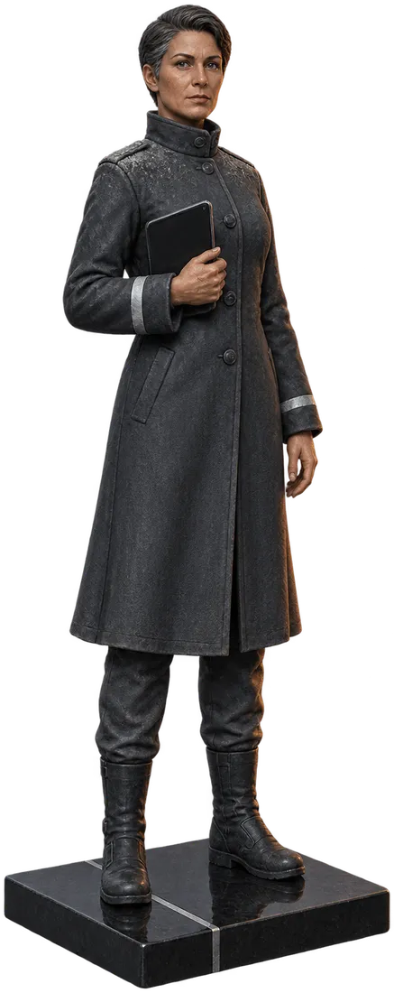Field Marshal Tove Raan as a painted figurine in a long ash grey coat, tablet held to her chest, standing at the edge of the lit sector.
